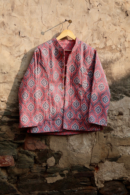 Indian Handmade Quilted Kantha Cotton Fabric Jacket Stylish Pink & Blue Floral Women's Coat, Reversible Waistcoat for Her