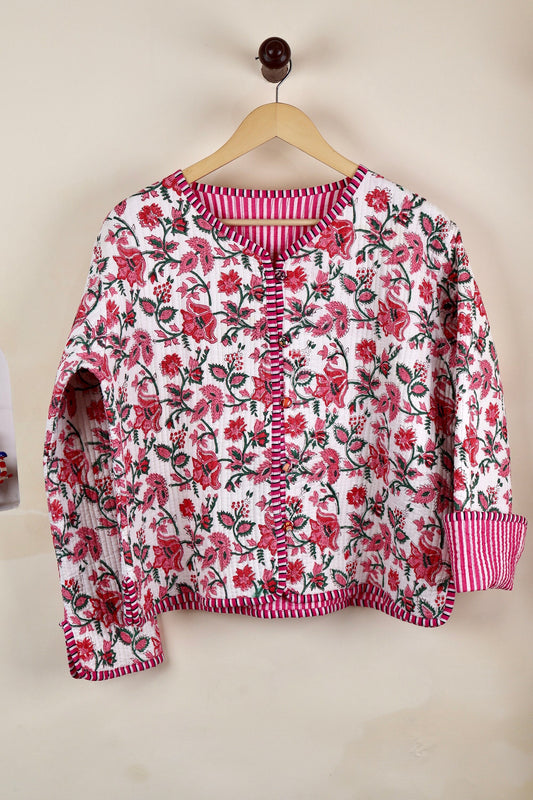HandBlock Printed Quilted Cotton Jackets | White & Pink Floral Women's Coat | Reversible Bohemian Style Indian Handmade Quilted Jackets