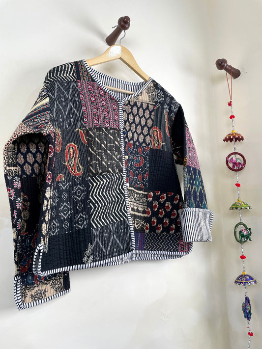 Black Patchwork Quilted Cotton Jackets | Fall Winter Floral Women's Coat | HandBlock Printed Reversible Bohemian Style Quilted Jackets