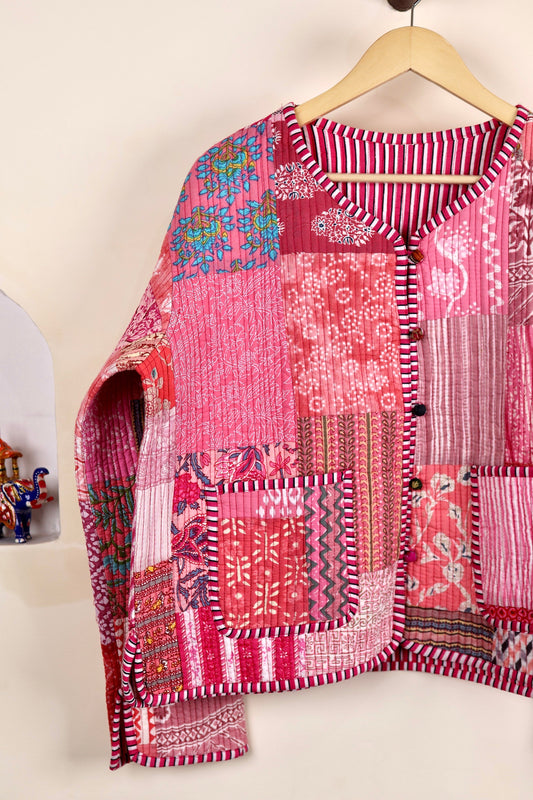 Pink Patchwork Quilted Cotton Jackets | Fall Winter Floral Women's Coat | HandBlock Printed Reversible Bohemian Style Quilted Jackets