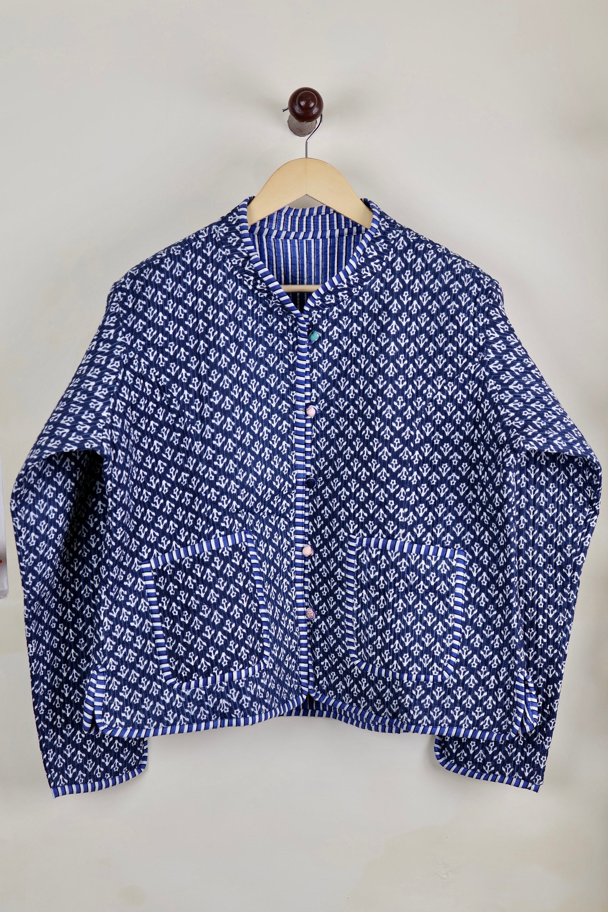 HandBlock Printed Quilted Cotton Jackets | Blue & White Indigo Print Women's Coat | Reversible Bohemian Style Indian Handmade Quilted Jacket