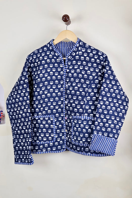 HandBlock Printed Quilted Cotton Jackets | Blue & White Indigo Print Women's Coat | Reversible Bohemian Style Indian Handmade Quilted Jacket