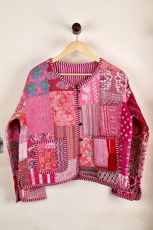 Pink Patchwork Quilted Cotton Jackets | Fall Winter Floral Women's Coat | HandBlock Printed Reversible Bohemian Style Quilted Jackets