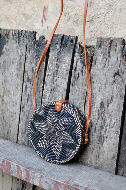 Round Rattan Bag with Flower Weaving, Bali Bag Handwoven Crossbody Purse, Braided Straw Bag, Bali Sling Bags, Rattan Bags, Gift for her