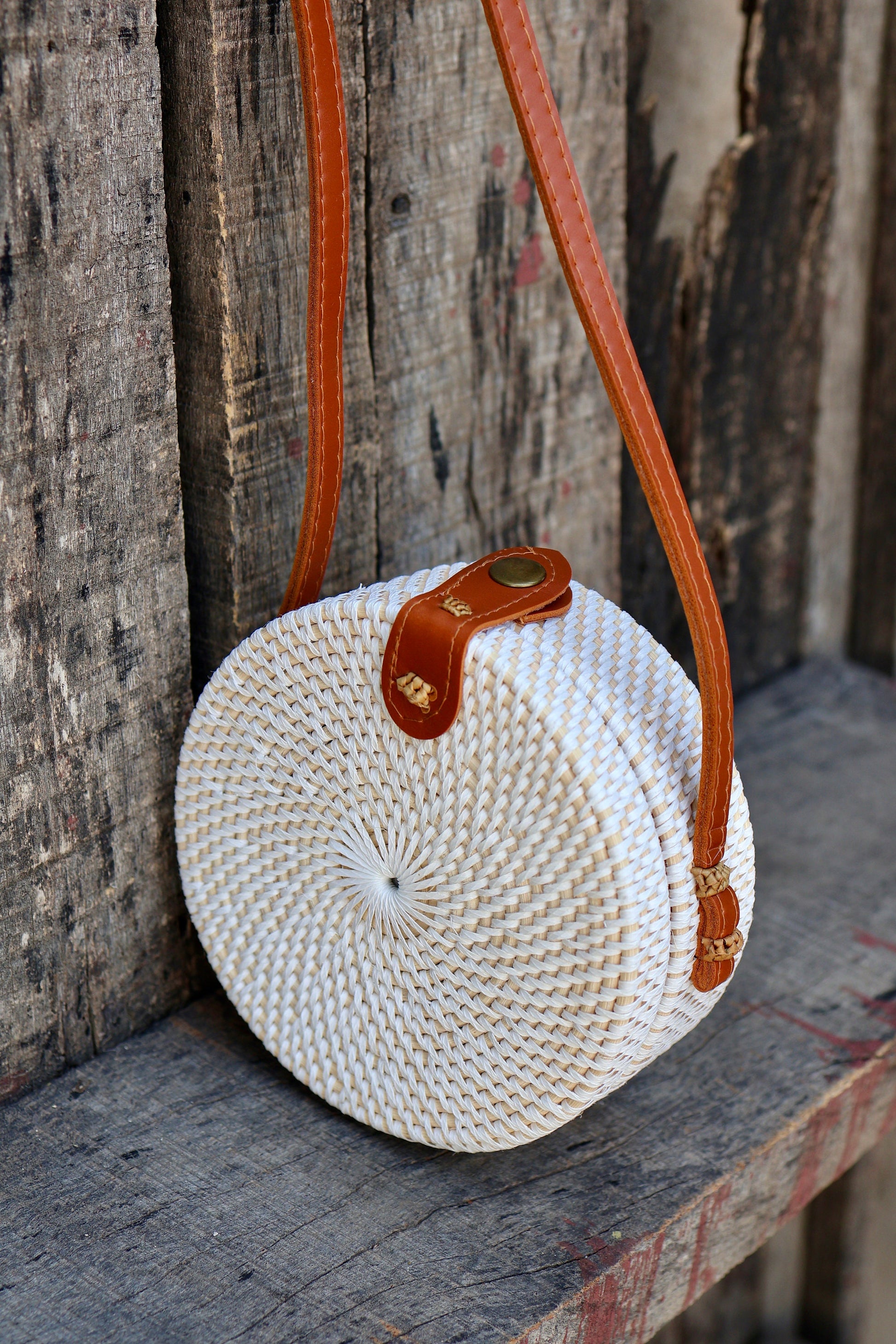Classic Round White Rattan Bag, Bali Bags, Handwoven Crossbody