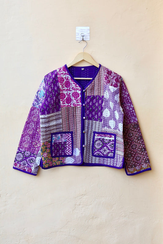 Indian Handmade Purple Kantha Patchwork Quilted Jacket, Stylish Patchwork Women's Coat, Winter Spring Reversible Kantha Jacket for Her