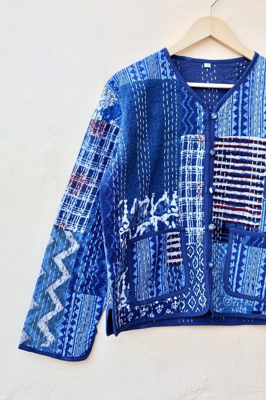 Patchwork Kantha Quilted Jacket, Indian Handmade Stylish Blue Patchwork Women's Coat, Winter Spring Reversible Kantha Jacket for Her