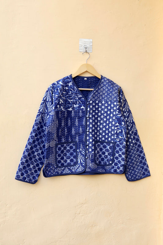 Indigo Patchwork Kantha Quilted Jacket, Indian Handmade Stylish Blue Patchwork Women's Coat, Winter Spring Reversible Kantha Jacket for Her