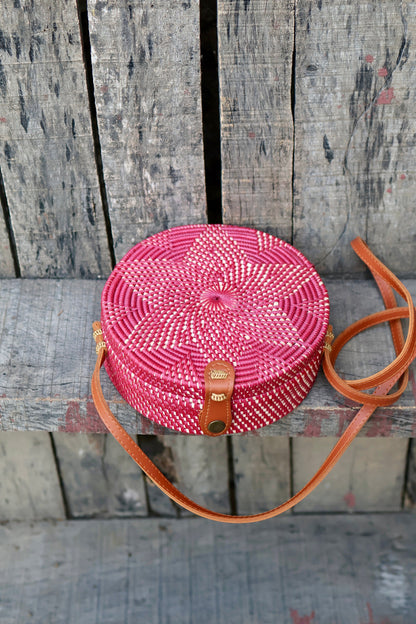 Round Rattan Bag with Flower Weaving, Bali Bag Handwoven Crossbody Purse, Braided Straw Bag, Bali Sling Bags, Rattan Bags, Gift for her