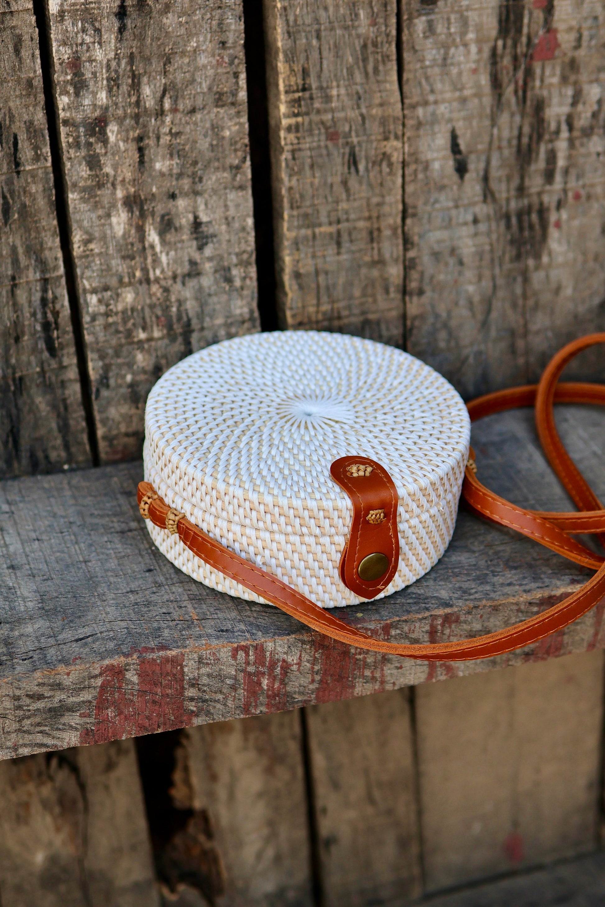 Classic Round White Rattan Bag, Bali Bags, Handwoven Crossbody