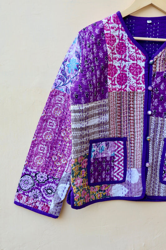 Indian Handmade Purple Kantha Patchwork Quilted Jacket, Stylish Patchwork Women's Coat, Winter Spring Reversible Kantha Jacket for Her
