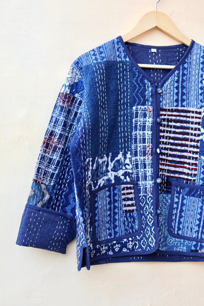 Patchwork Kantha Quilted Jacket, Indian Handmade Stylish Blue Patchwork Women's Coat, Winter Spring Reversible Kantha Jacket for Her