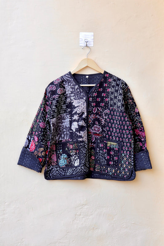 Black Kantha Patchwork Quilted Jacket, Indian Handmade Stylish Patchwork Women's Coat, Winter Spring Reversible Kantha Jacket for Her