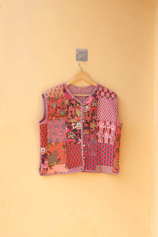 Indian Handmade Quilted Cotton Fabric Jacket Stylish Blue & Red Floral Women's Coat, Reversible Jacket for Her