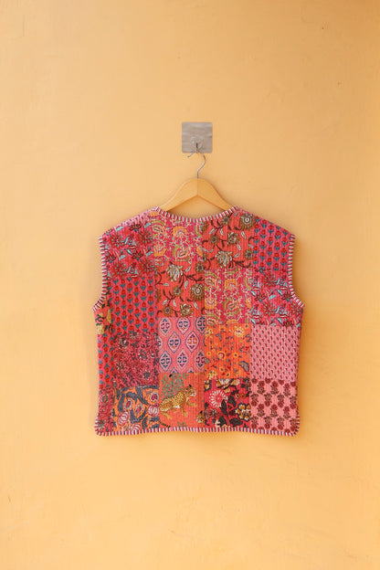Indian Handmade Quilted Cotton Fabric Jacket Stylish Blue & Red Floral Women's Coat, Reversible Jacket for Her