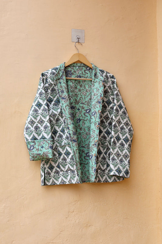 Cotton Handmade Kantha Jacket, Womens Clothing Quilted Reversible Coat, Kimono Indian Hand Printed Vintage Boho Vest Valentines Gift for Her