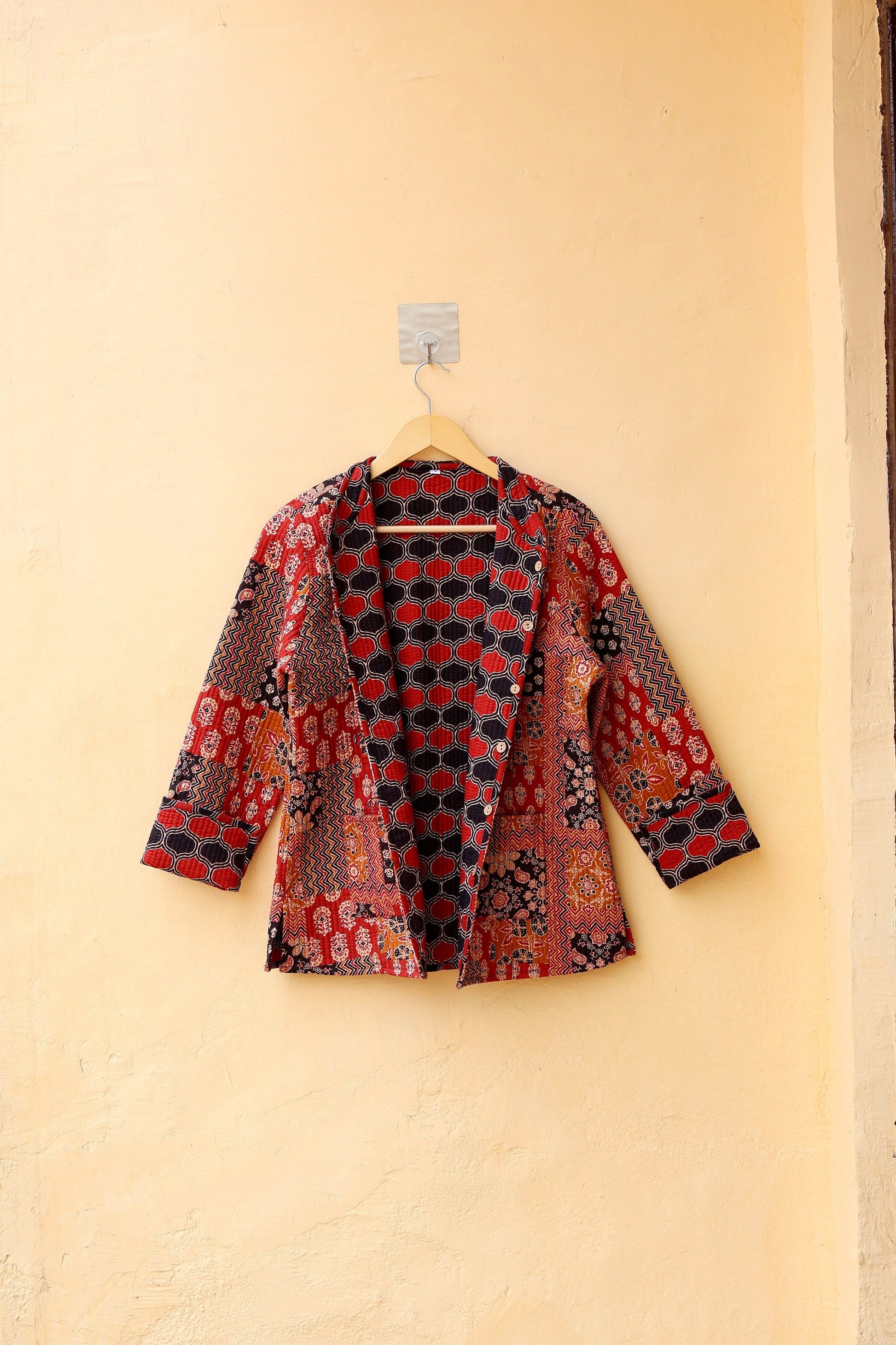 Cotton Handmade Kantha Jacket, Womens Clothing Quilted Reversible Coat, Kimono Indian Hand Printed Vintage Boho Vest Valentines Gift for Her