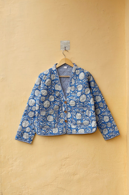 Cotton Quilted Jacket V-Neck, New Style Kantha Blue Floral Hand Block Print Floral Indian Women's Clothing Coat, Boho Jacket Gift for Her