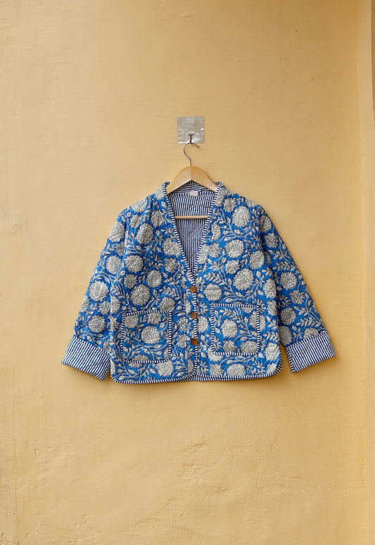 Cotton Quilted Jacket V-Neck, New Style Kantha Blue Floral Hand Block Print Floral Indian Women's Clothing Coat, Boho Jacket Gift for Her