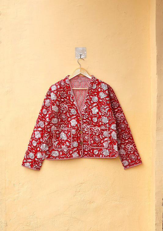 Cotton Quilted Jacket V-Neck New Style Kantha Jacket Hand Block Print Floral Indian Womens Clothing Coat, Boho Jacket Valentine Gift for Her