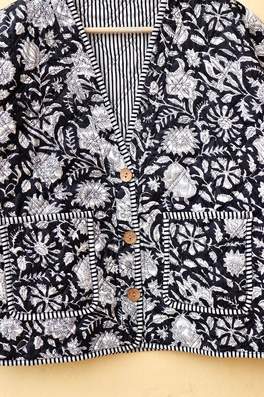 Indian Handmade Quilted Cotton Jacket, V-Neck Reversible Women's Vintage Black Floral Kimono Boho Coat, Spring Jacket Gift for Her