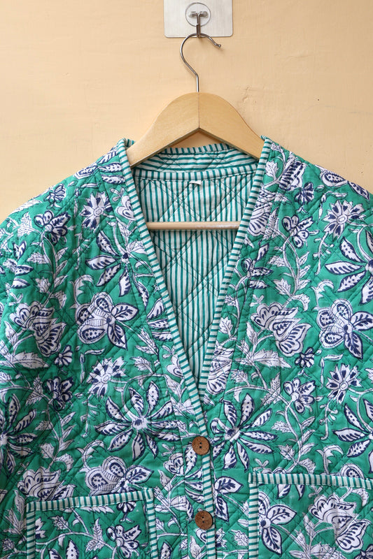 Indian Handmade Quilted Cotton Jacket, Trendy Hand Block Printed Kantha Coat, Women's V-Neck Boho Kimono, Spring Gift for her