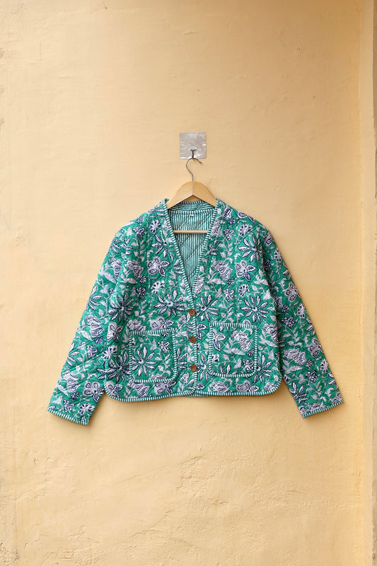 Indian Handmade Quilted Cotton Jacket, Trendy Hand Block Printed Kantha Coat, Women's V-Neck Boho Kimono, Spring Gift for her