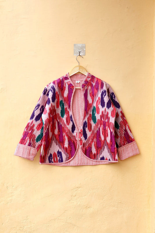 Indian Handmade Quilted Cotton Jacket, Trendy Hand Block Printed Kantha Coat, Women's V-Neck Boho Kimono, Spring Gift for her