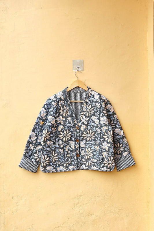 Cotton Quilted Jacket V-Neck New Style Kantha Jacket Hand Block Print Floral Indian Women's Clothing Coat, Boho Jacket Spring Gift for Her