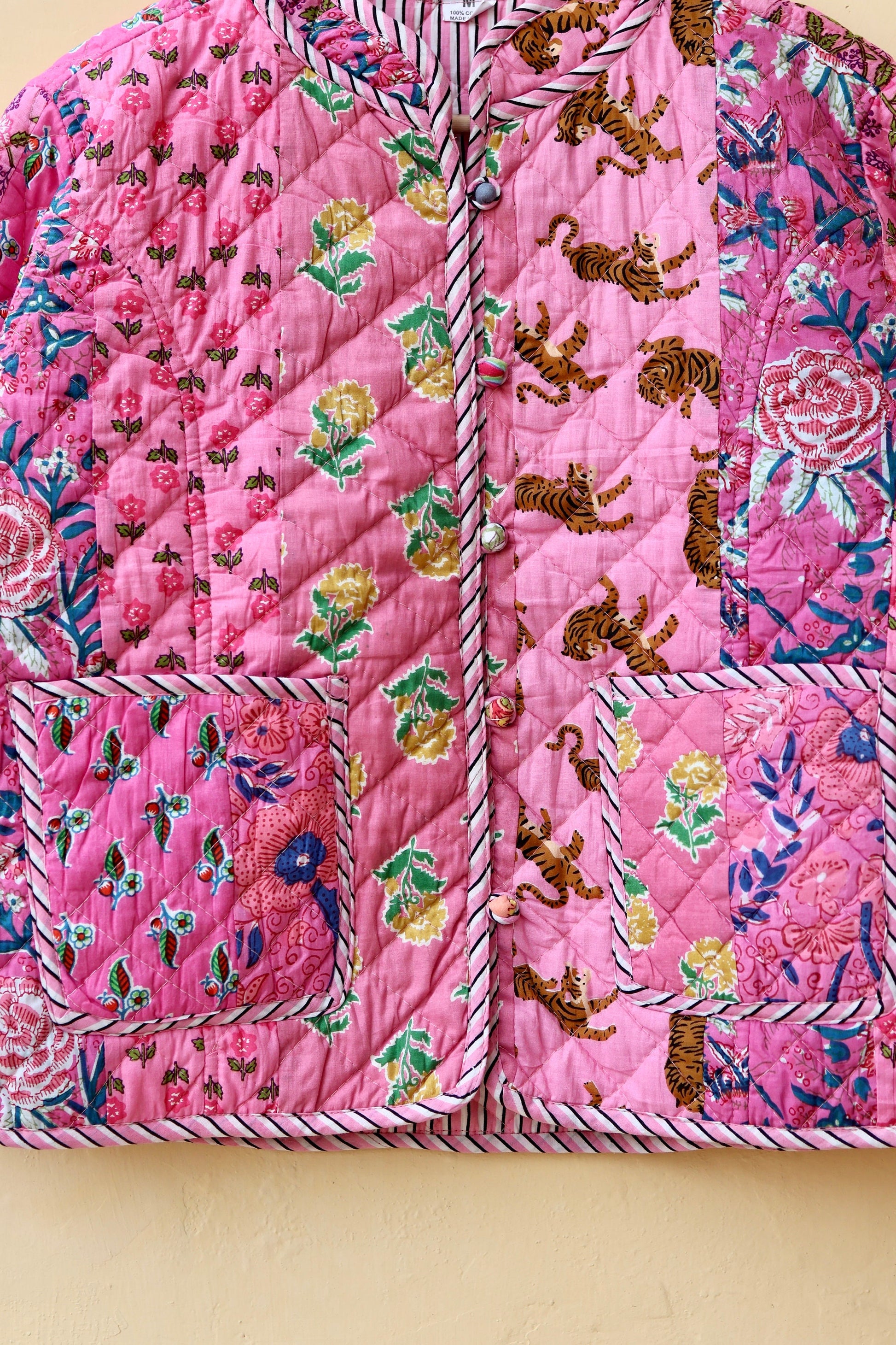 Indian Handmade Quilted Cotton Jacket Pink Patchwork Women's Reversible Coat, Kimono Vintage Bohemian Jacket, Spring Style Gift for Her