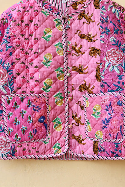 Indian Handmade Quilted Cotton Jacket Pink Patchwork Women's Reversible Coat, Kimono Vintage Bohemian Jacket, Spring Style Gift for Her