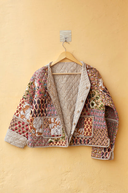 Indian Cotton Kantha Jacket, Vintage Patchwork Women’s Quilted Reversible Coat Kimono Block Printed Boho Style Spring Jacket, Gift for her