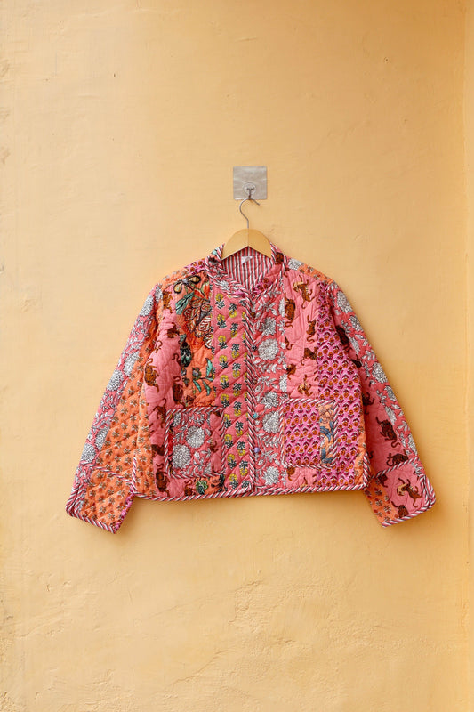 Indian Handmade Patchwork Cotton Quilted Jacket, Vintage Peach New Style Cotton Quilted Jacket, Reversible Women's Boho Coat, Gift for Her