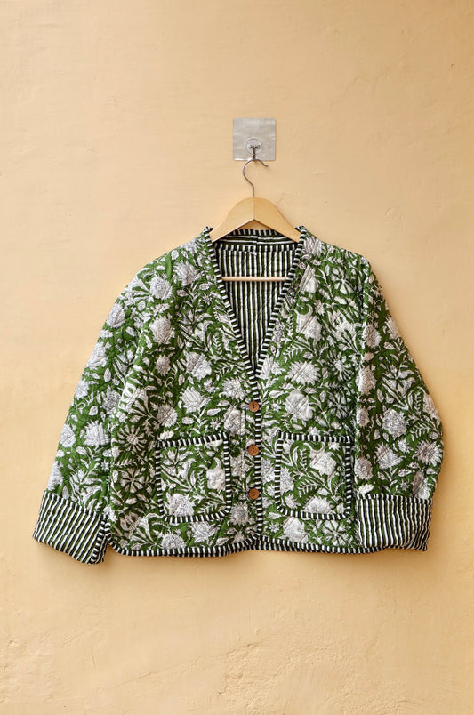 Cotton Quilted Jacket V-Neck New Style Kantha Jacket Hand Block Print Floral Indian Women's Clothing Coat, Boho Spring Jacket Gift for Her