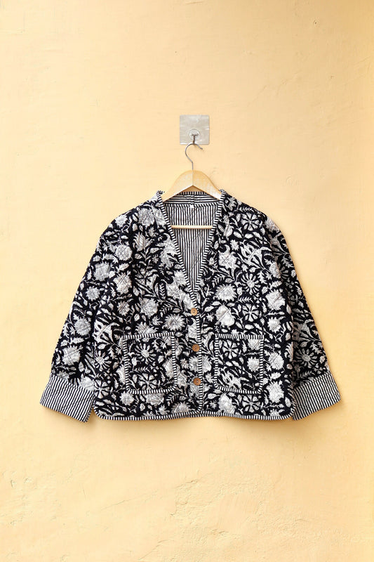 Indian Handmade Quilted Cotton Jacket, V-Neck Reversible Women's Vintage Black Floral Kimono Boho Coat, Spring Jacket Gift for Her