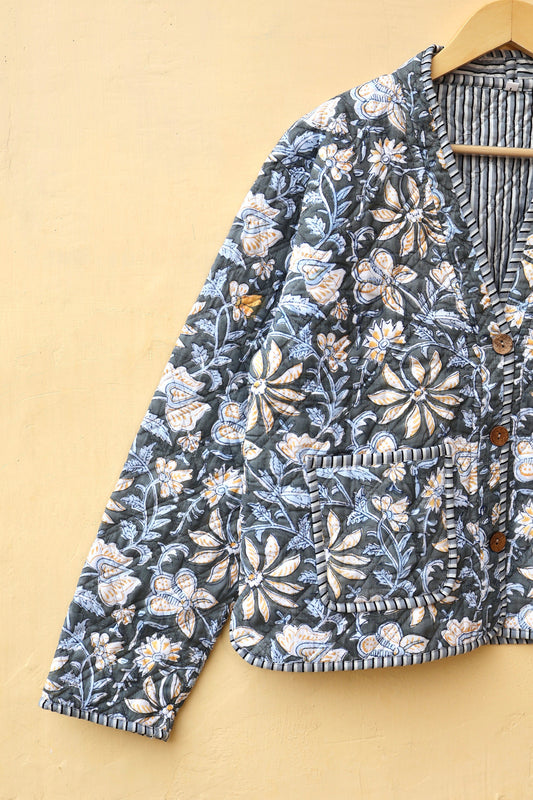 Cotton Quilted Jacket V-Neck New Style Kantha Jacket Hand Block Print Floral Indian Women's Clothing Coat, Boho Jacket Spring Gift for Her