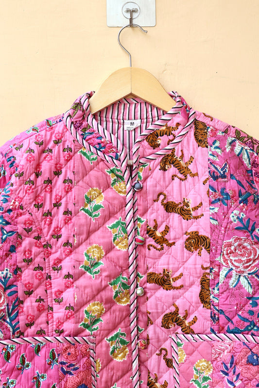 Indian Handmade Quilted Cotton Jacket Pink Patchwork Women's Reversible Coat, Kimono Vintage Bohemian Jacket, Spring Style Gift for Her