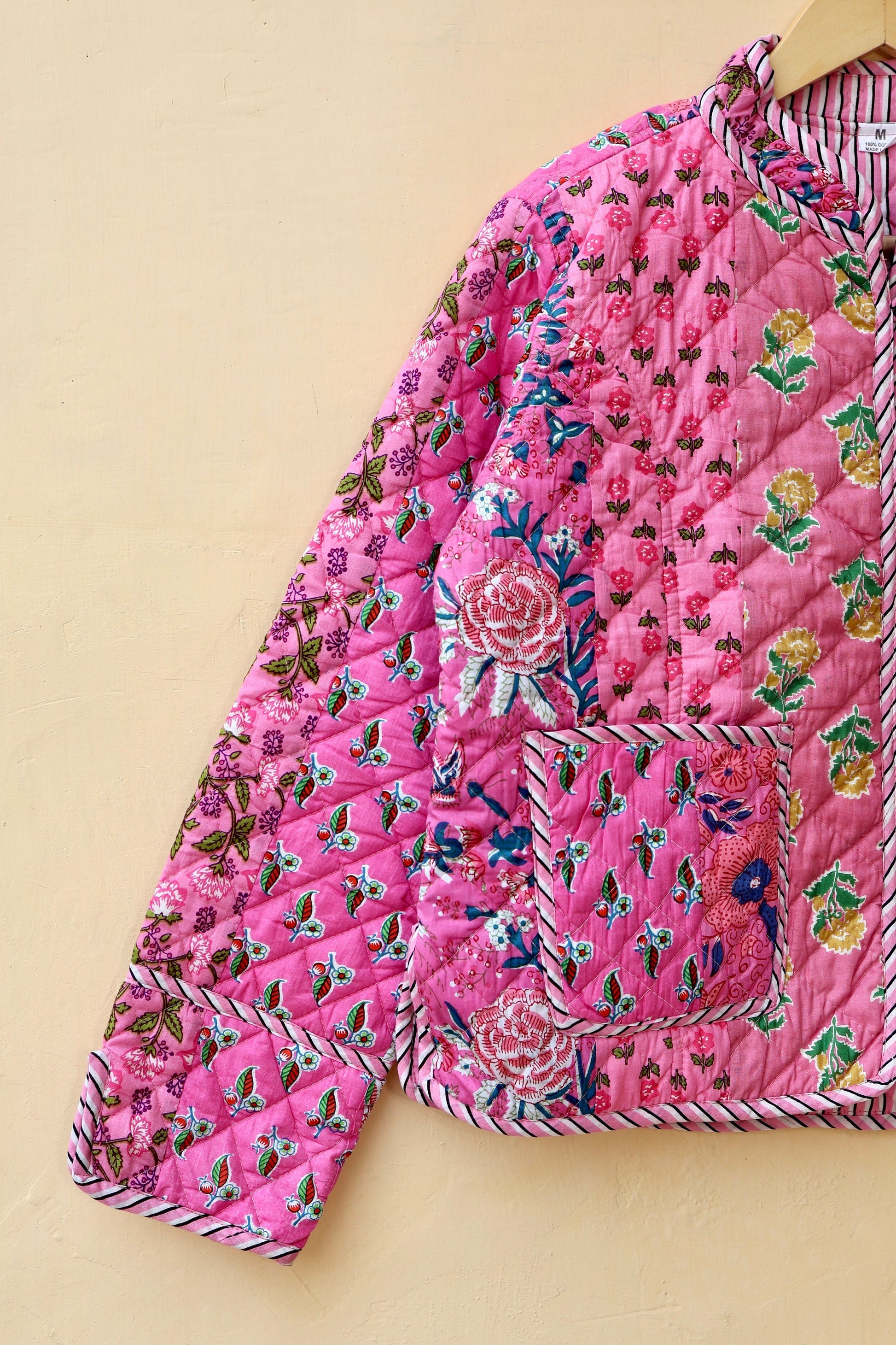 Indian Handmade Quilted Cotton Jacket Pink Patchwork Women's Reversible Coat, Kimono Vintage Bohemian Jacket, Spring Style Gift for Her