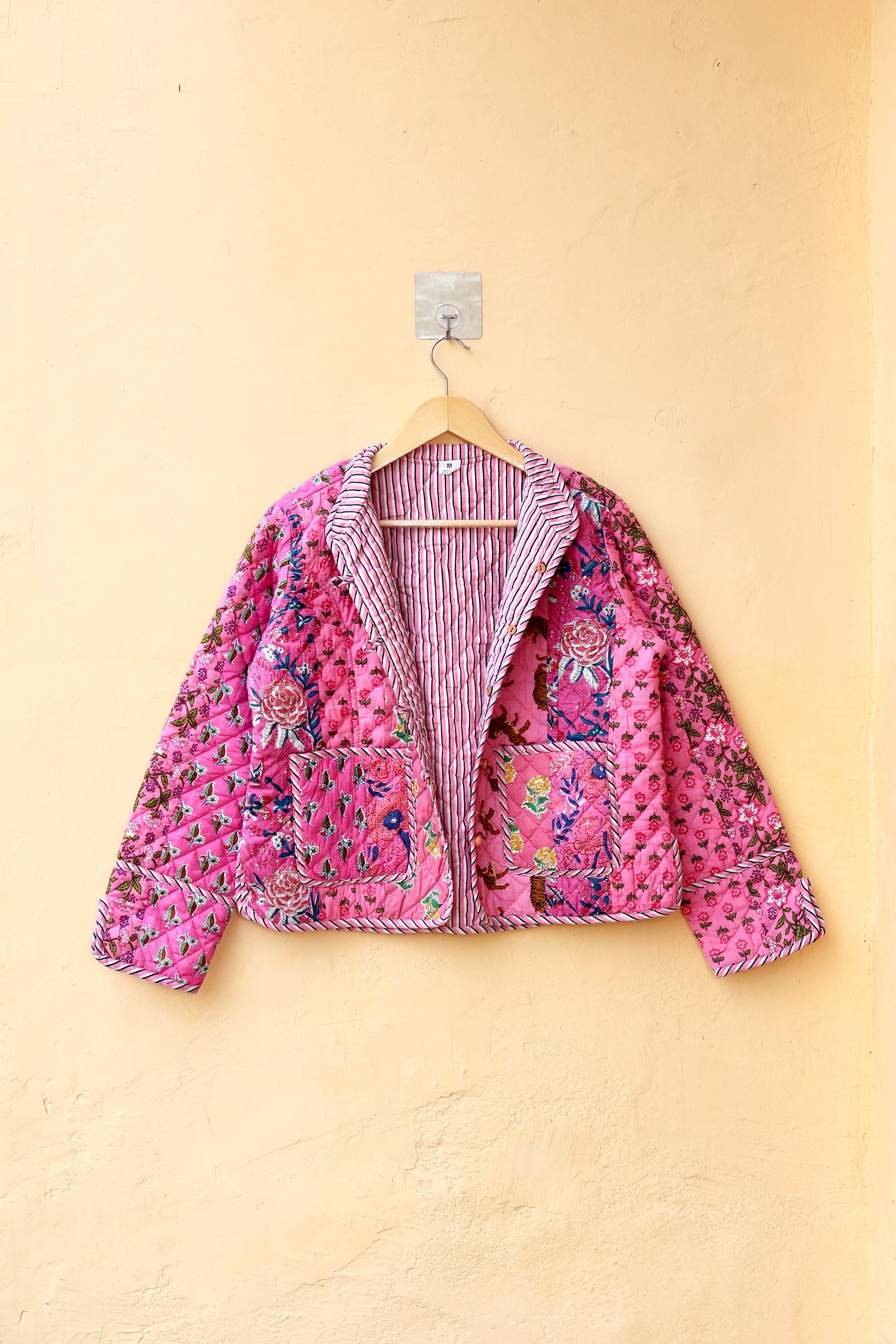 Indian Handmade Quilted Cotton Jacket Pink Patchwork Women's Reversible Coat, Kimono Vintage Bohemian Jacket, Spring Style Gift for Her