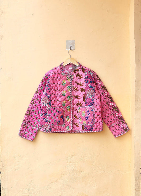 Indian Handmade Quilted Cotton Jacket Pink Patchwork Women's Reversible Coat, Kimono Vintage Bohemian Jacket, Spring Style Gift for Her
