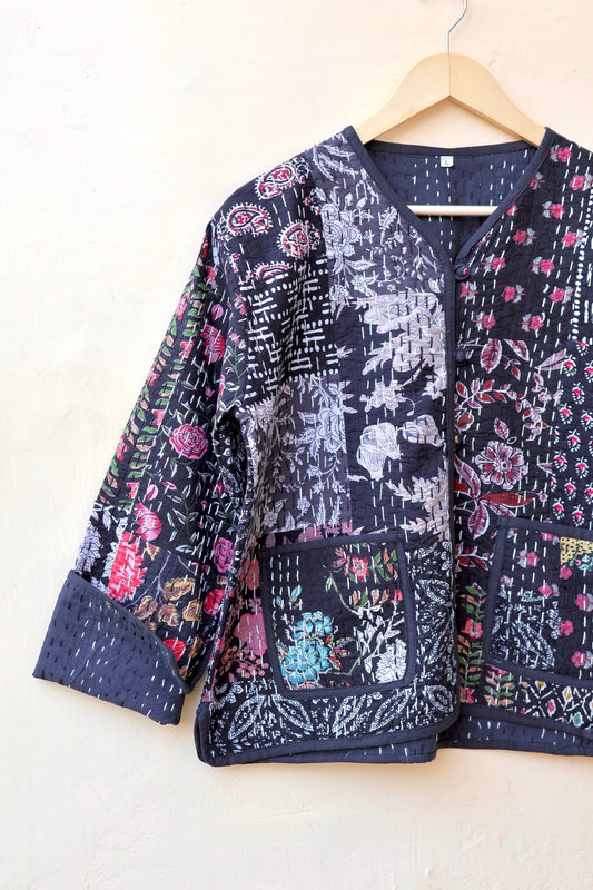 Black Kantha Patchwork Quilted Jacket, Indian Handmade Stylish Patchwork Women's Coat, Winter Spring Reversible Kantha Jacket for Her