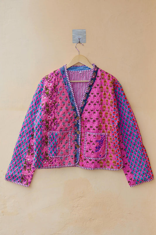 Indian Handmade Cotton Kantha Patchwork Quilted Jacket/Coat Block print Women's Reversible Clothing Kimono Vintage Valentine Gift for Her