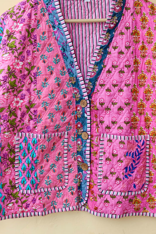 Indian Handmade Cotton Kantha Patchwork Quilted Jacket/Coat Block print Women's Reversible Clothing Kimono Vintage Valentine Gift for Her