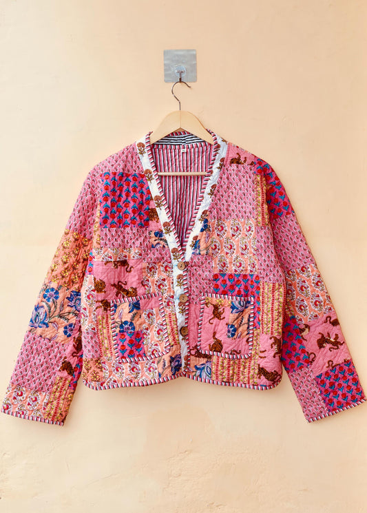 Cotton Handmade Kantha Jacket, Patchwork Women's Clothing Quilted Reversible Coat Kimono, Indian Block-Print Vintage Boho Vest, Gift for Her