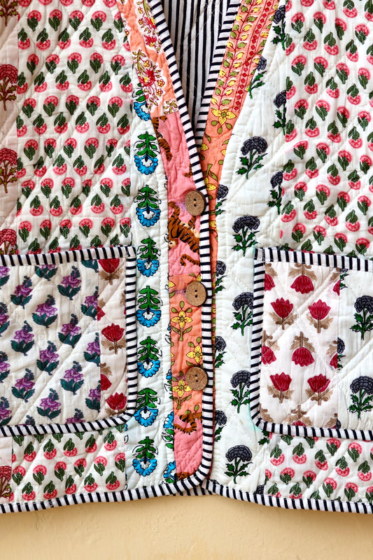 Indian Handmade Quilted Cotton Jacket White Patchwork Women's Reversible Coat, Kimono Vintage Bohemian Jacket, Spring Style Gift for Her