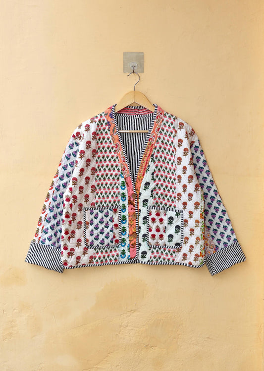 Indian Handmade Quilted Cotton Jacket White Patchwork Women's Reversible Coat, Kimono Vintage Bohemian Jacket, Spring Style Gift for Her