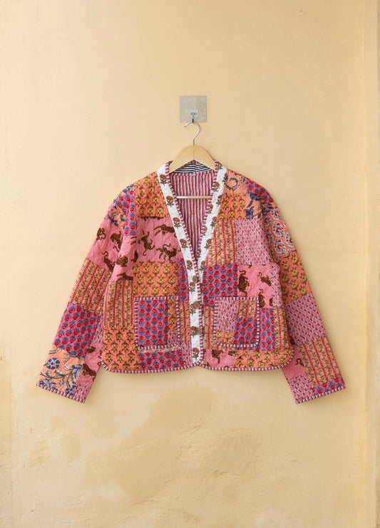 Cotton Handmade Kantha Jacket, Patchwork Women's Clothing Quilted Reversible Coat Kimono, Indian Block-Print Vintage Boho Vest, Gift for Her