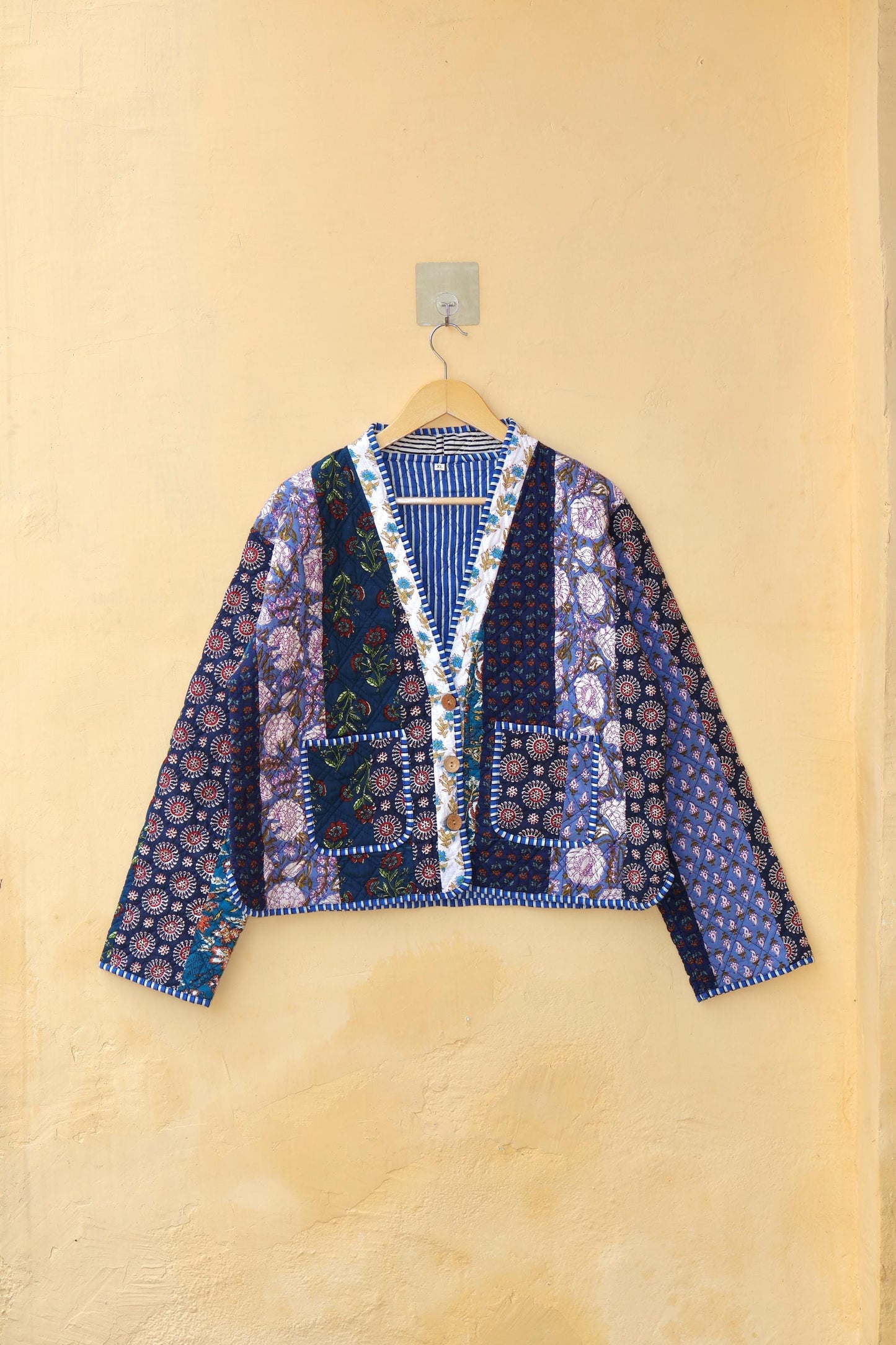 Reversible Cotton Kantha Jacket, V-Neck Patchwork Women’s Quilted Kimono Indian Hand Block, Vintage Style Boho Vest Spring Gift for her
