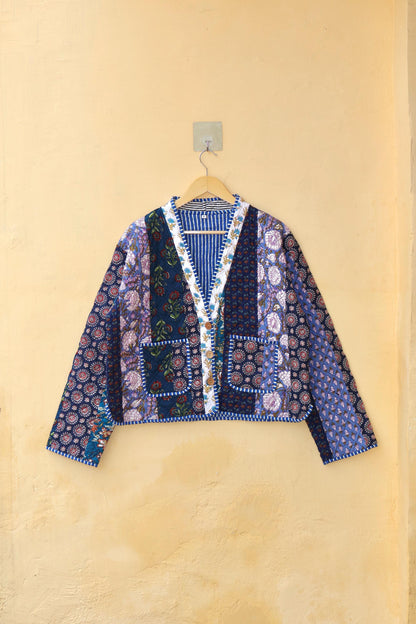 Reversible Cotton Kantha Jacket, V-Neck Patchwork Women’s Quilted Kimono Indian Hand Block, Vintage Style Boho Vest Spring Gift for her