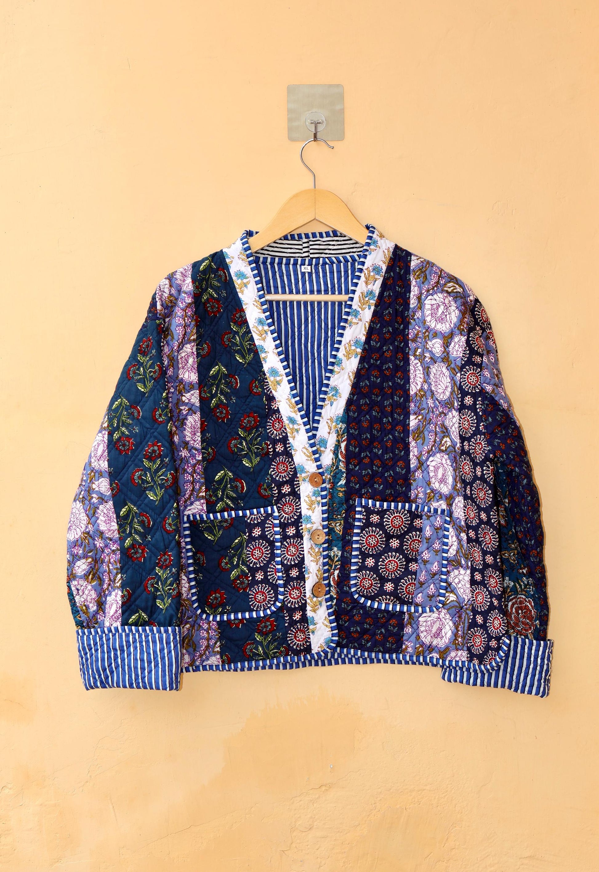 Reversible Cotton Kantha Jacket, V-Neck Patchwork Women’s Quilted Kimono Indian Hand Block, Vintage Style Boho Vest Spring Gift for her